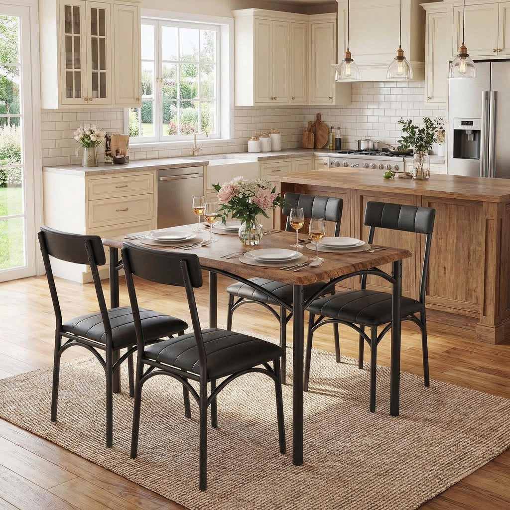 Dining Table Set for 4, Kitchen Table and Chairs for 4 with Upholstered Chairs, 5 Piece Rectangular Kitchen Table