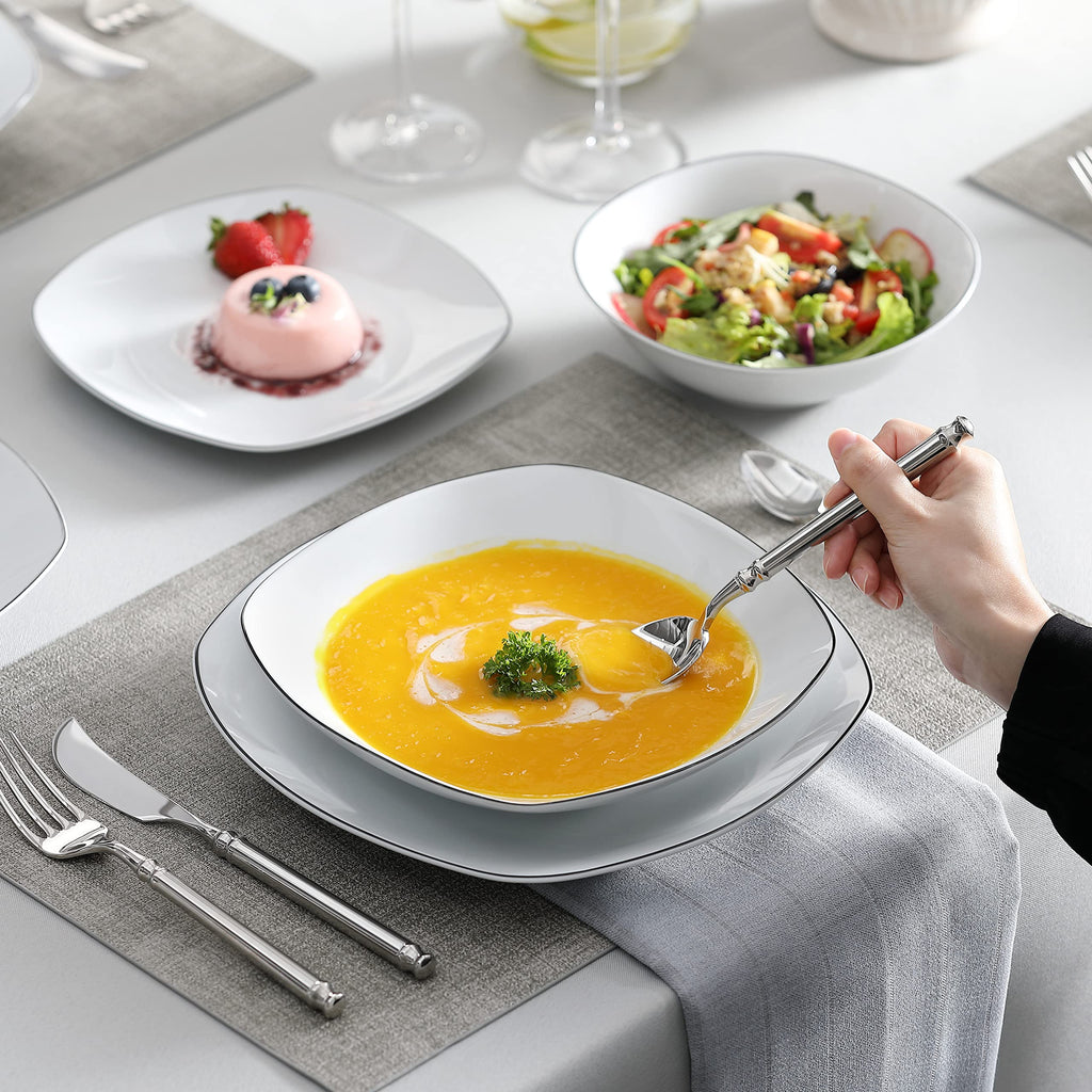 Dinnerware Sets, 24 Piece Porcelain Square Dishes, White with Black Rim Plates and Bowls Sets, Ceramic Dish Set for