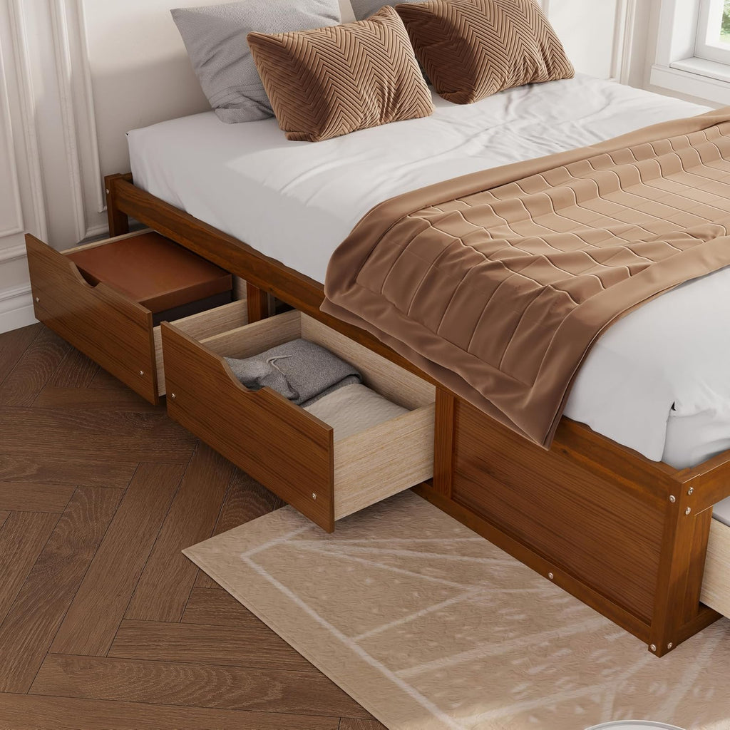 Japanese Wooden Bed Frame Queen with 6 Storage Drawers (Walnut, Queen)