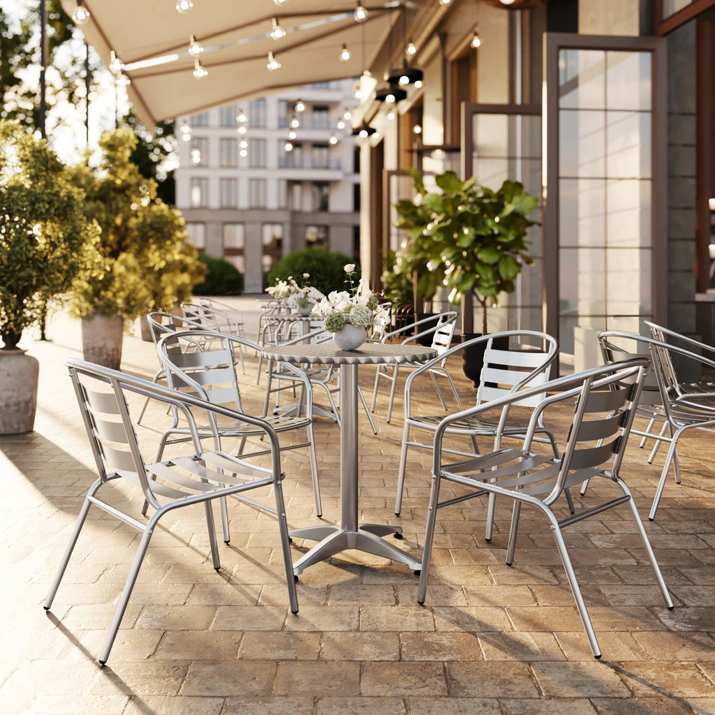Lila 4 Pack Commercial Aluminum Indoor-Outdoor Restaurant Stack Chair with Triple Slat Back and Arms