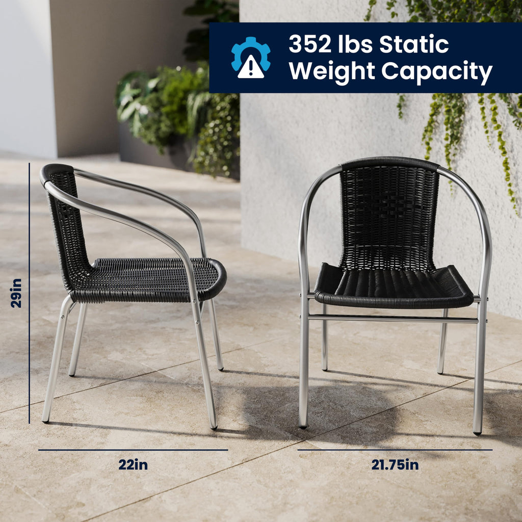 Lila 4 Pack Commercial Aluminum and Black Rattan Indoor-Outdoor Restaurant Stack Chair