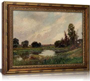 Vintage Gold Framed Landscape Wall Art, Retro Impressionist River Landscape Oil Painting Canvas Prints, Rustic Meadow