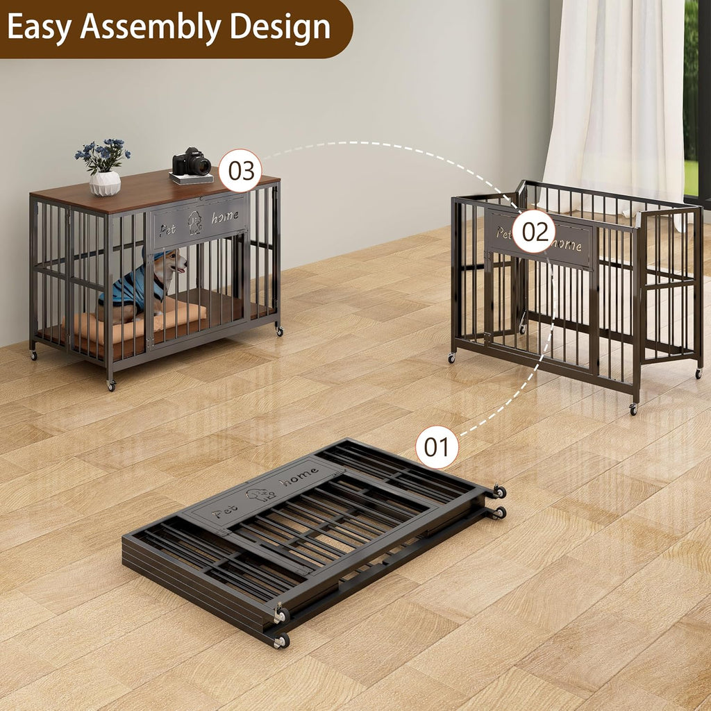 Foldable Dog Crate Furniture for Medium Dogs, Walnut