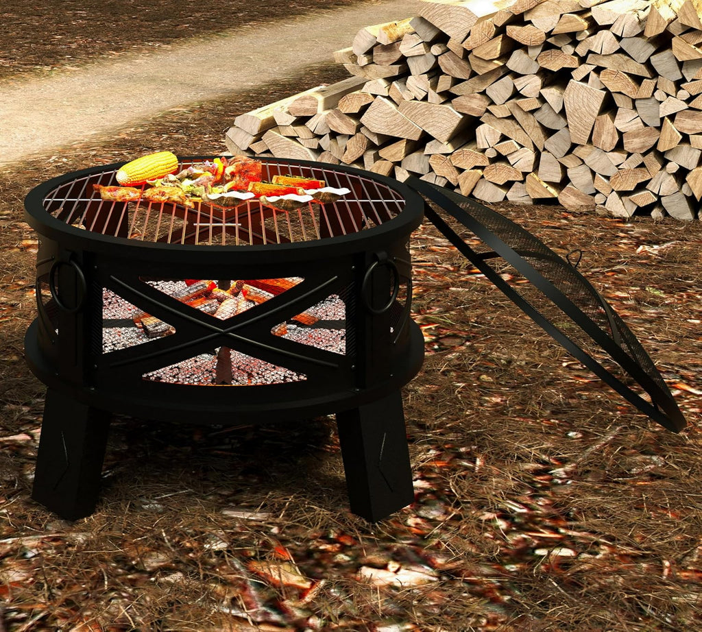 26"Steel Fire Pit with Grill Grate&Spark Screen,360° Airflow Boost Technology,Less Smoke,Larger Flames,Heavy-Duty