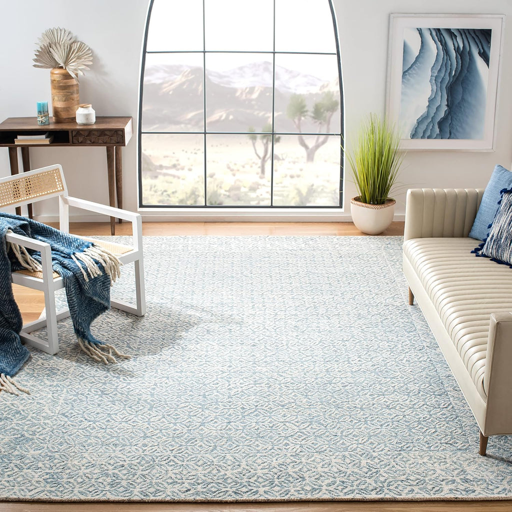 Abstract Area Rug - 9' x 12', Blue & Ivory, Handmade Wool