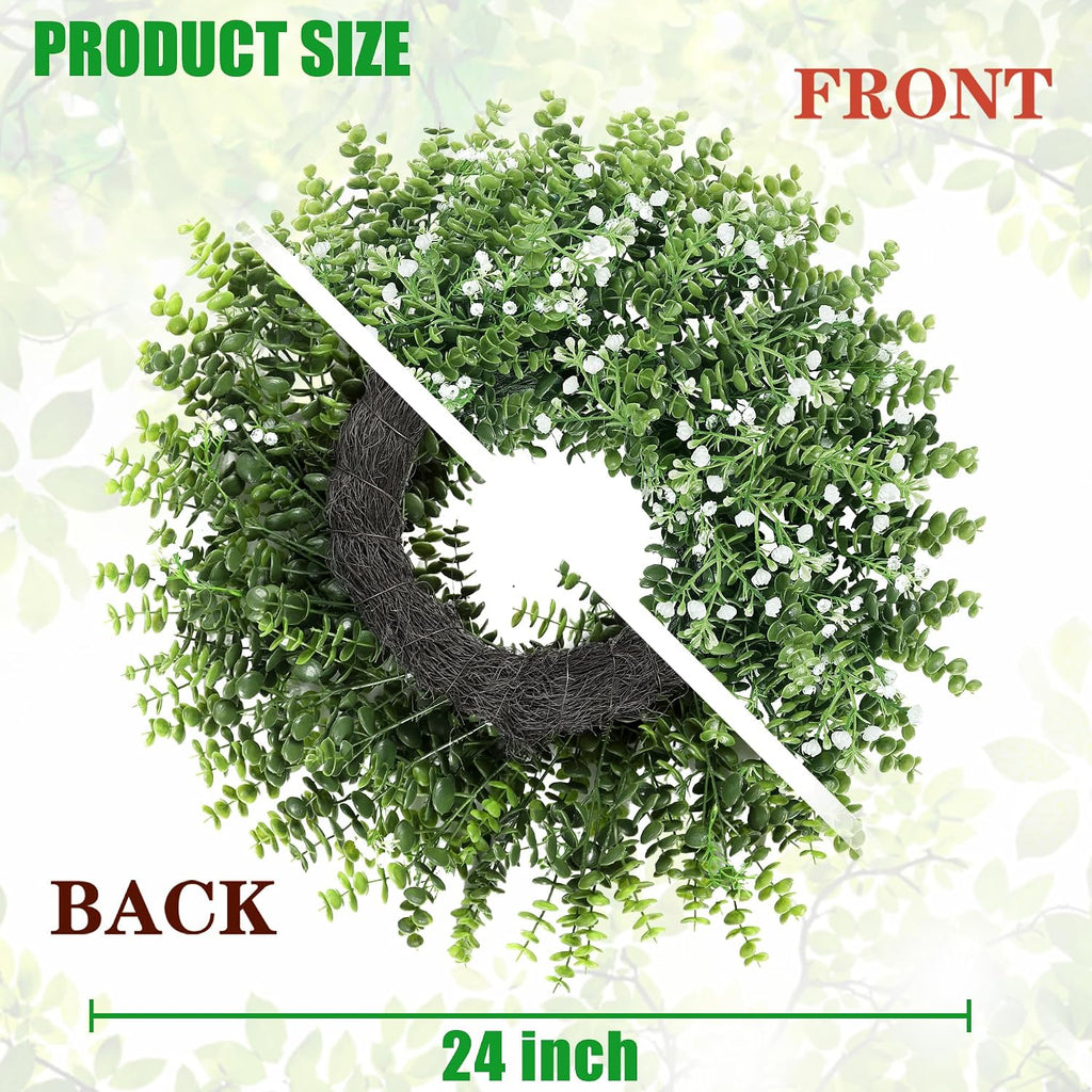 24'' Large Boxwood Wreath for Front Door Artificial Spring Summer Wreath with Baby's Breath Greenery Wreaths