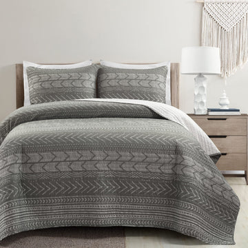 Hygge Geo Cotton Reversible Oversized Quilt, 3 Piece Set, Full/Queen, Charcoal - Geometric Striped Bedding - Queen