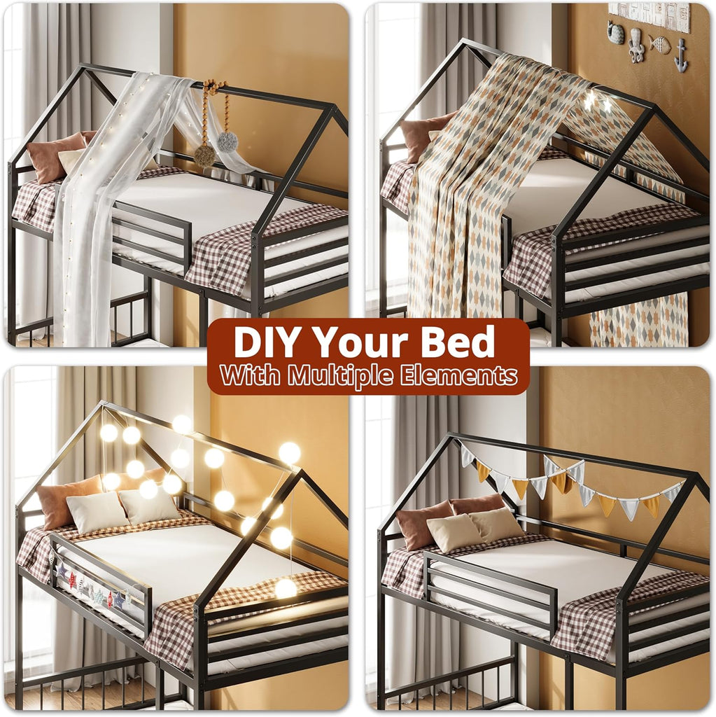 Bunk Bed Twin Over Twin, House Bunk Bed Frame with Ladder and Guardrail