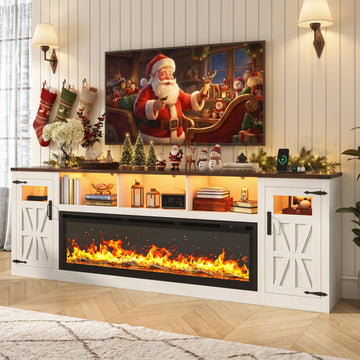 95" Fireplace TV Stand, Farmhouse Entertainment Center for 100" TV, White