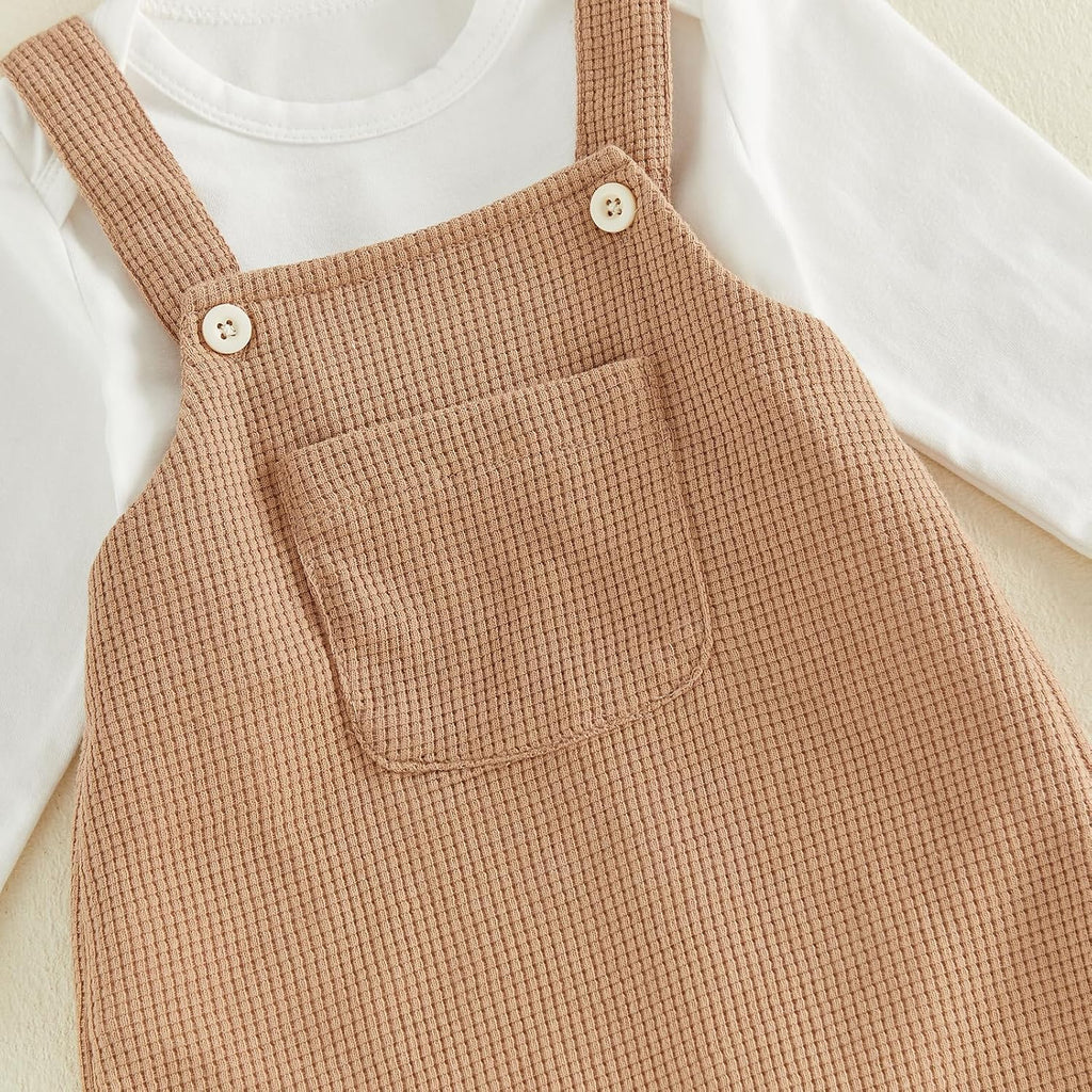 Newborn Baby Boy Clothes Infant Long Sleeve Romper Waffle Suspender Overalls Pants Hat Set Fall Winter Outfits