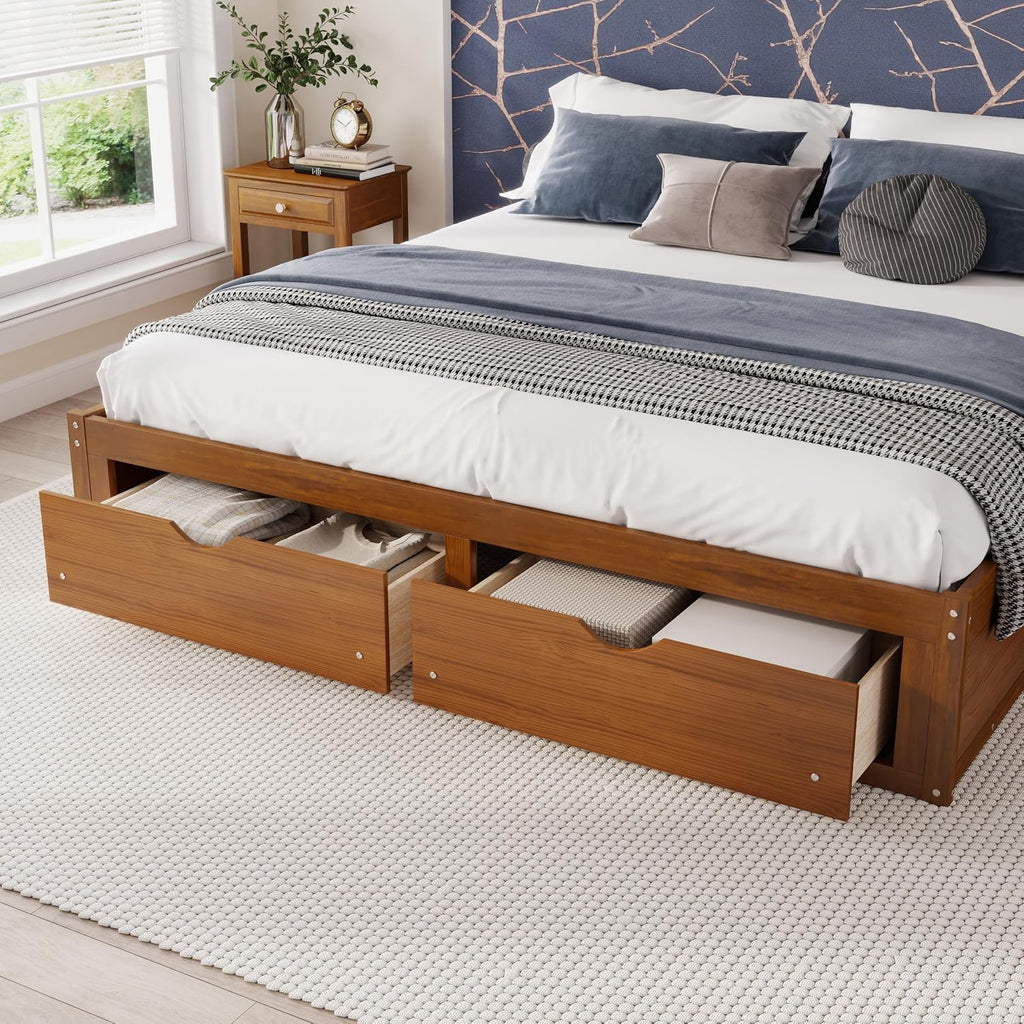 Wood Bed Frame with 6 Storage Drawers, No Headboard, Walnut