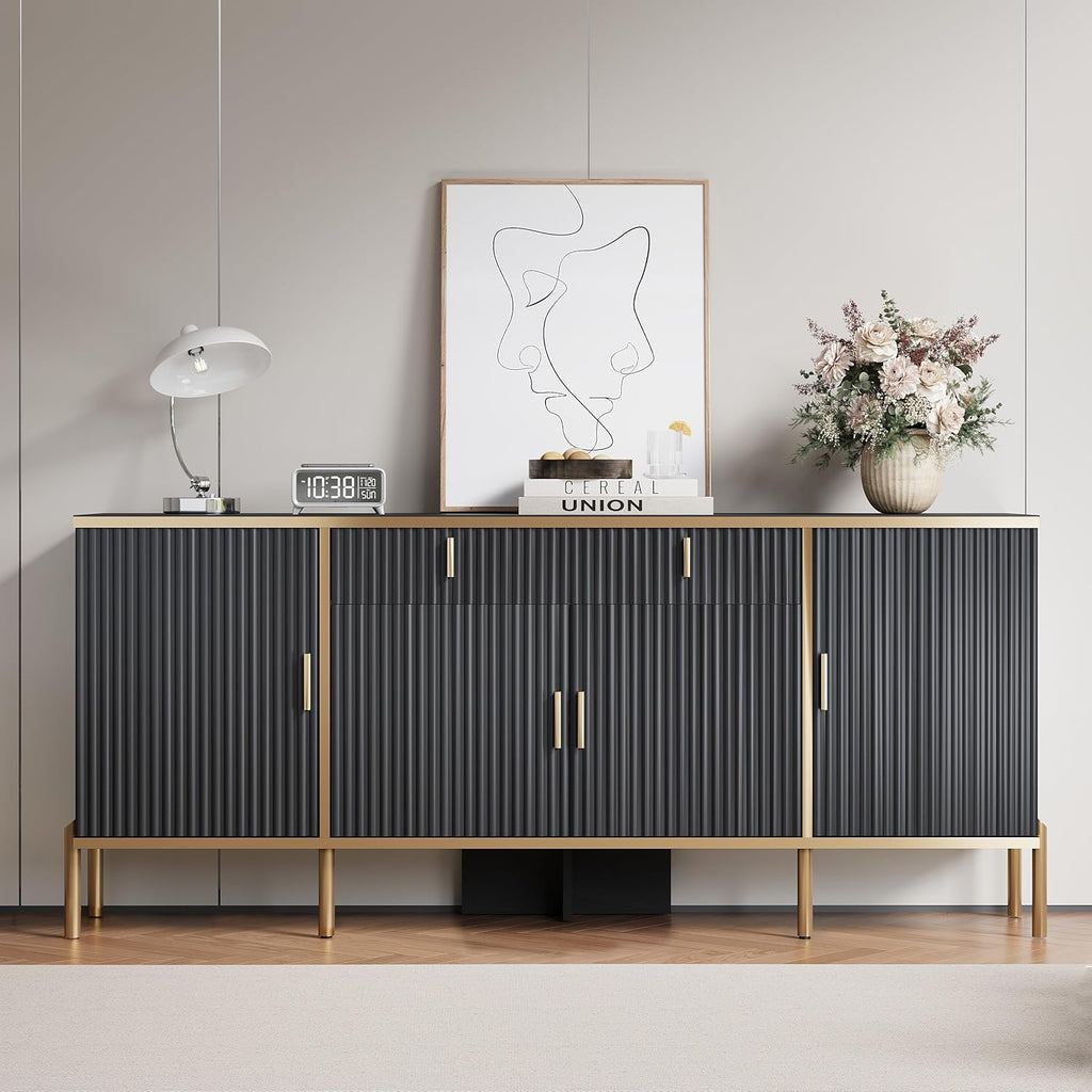 60" Modern Sideboard Buffet Cabinet, Fluted Storage Sideboard with Adjustable Shelves & Pop-Up Doors, Multifunctional