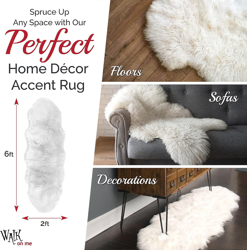 White Double Pelt Faux Fur Sheepskin Rug: Ultra Soft, Super Thick, Fluffy, Living Room, Bedroom, Office