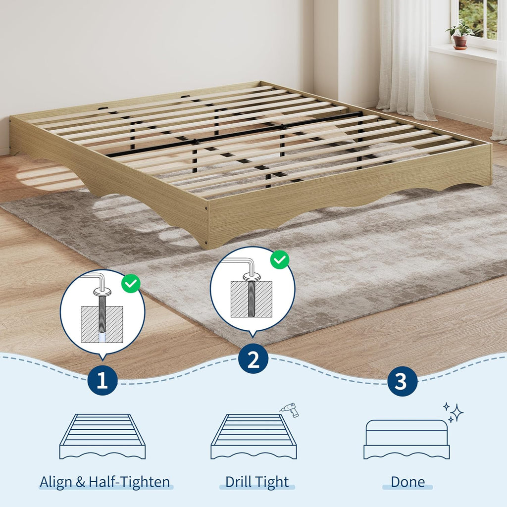 Japanese-Inspired Low Profile Wood Platform Bed Frame with Wavy Edge - Solid Slat Support, Noise-Free, No Box Spring