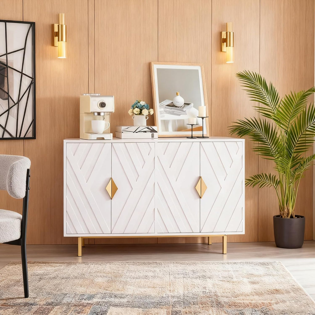 Sideboard Buffet Cabinets with Storage, Accent Storage Cabinets with Fluted Doors, Gold Metal Handle and Legs, Wood