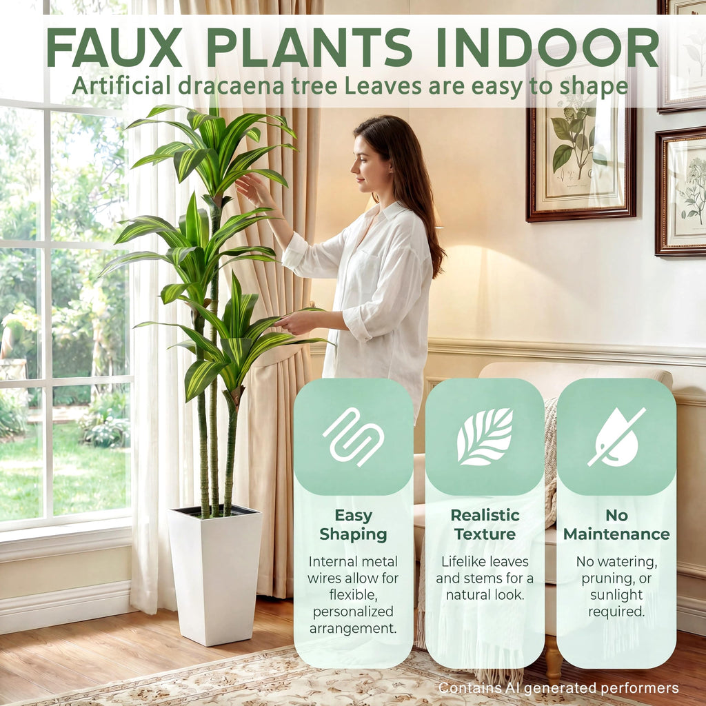 6FT Dracaena Artificial Plants Indoor, with White Tall Planter