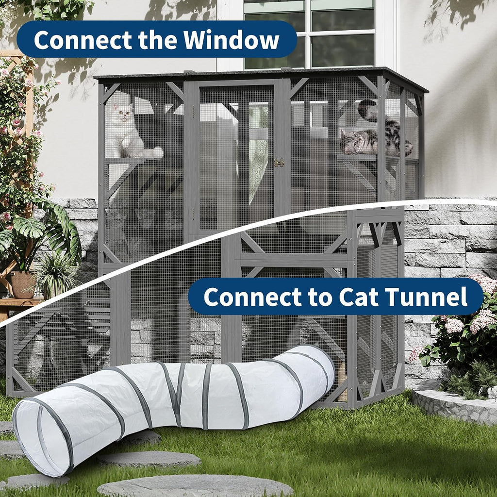 70" Outdoor Catio Cat Enclosure for Cats, Walk-in Wooden House with Roof