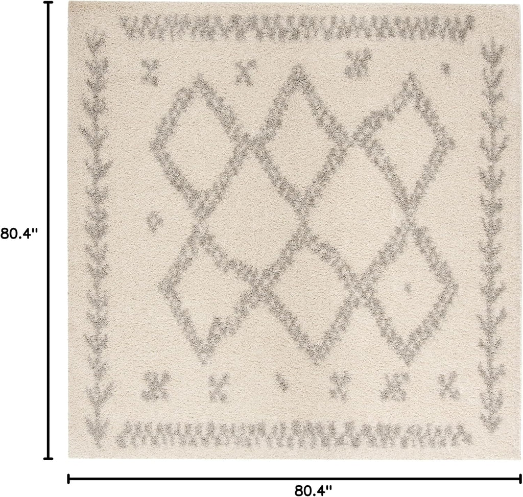 Arizona Shag Collection Area Rug - 6'7" Square, Ivory & Grey, Moroccan Boho Design, Non-Shedding & Easy to Clean