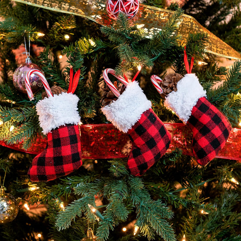 5" Mini ,Red Black Plaid Xmas Stockings Decoration, Party Favors and Holiday Season Supplies - Set of 12