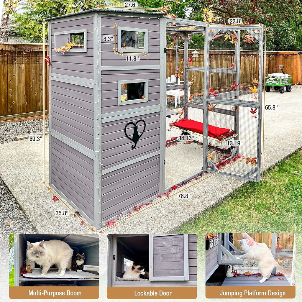 76.8 Inches Large Wood Catio, Catio Outdoor Cat Enclosure Large Walk in Cat Cage with 3 Platforms and 2 Resting Houses