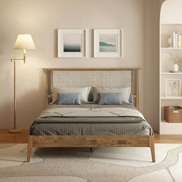 Ruby Wooden Bed Frame with Headboard and Natural Rattan, Solid Oak/Rubber Wood Foundation with Silent Slats, 1000 Lb