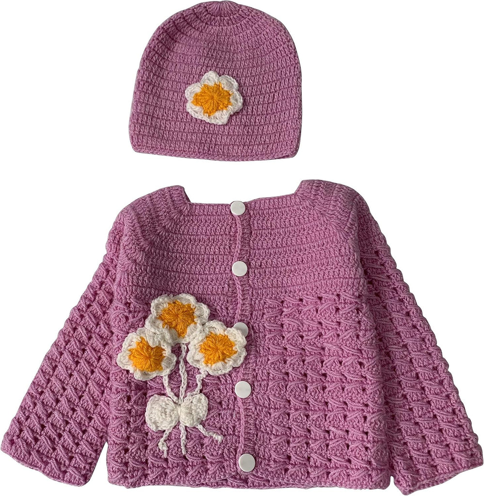 Hand Made 3 Piece Knitted Magnolia Flower Purple Baby Crochet Set- Newborn Toddler Wool Sweater Set Includes- Booties