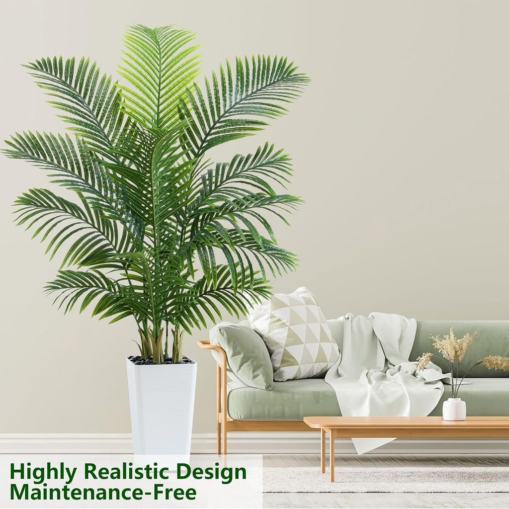 Artificial Palm Tree 5FT - Tall Fake Tree with White Taper Planter & Pebbles, UV Resistant, Large Potted Faux Plant
