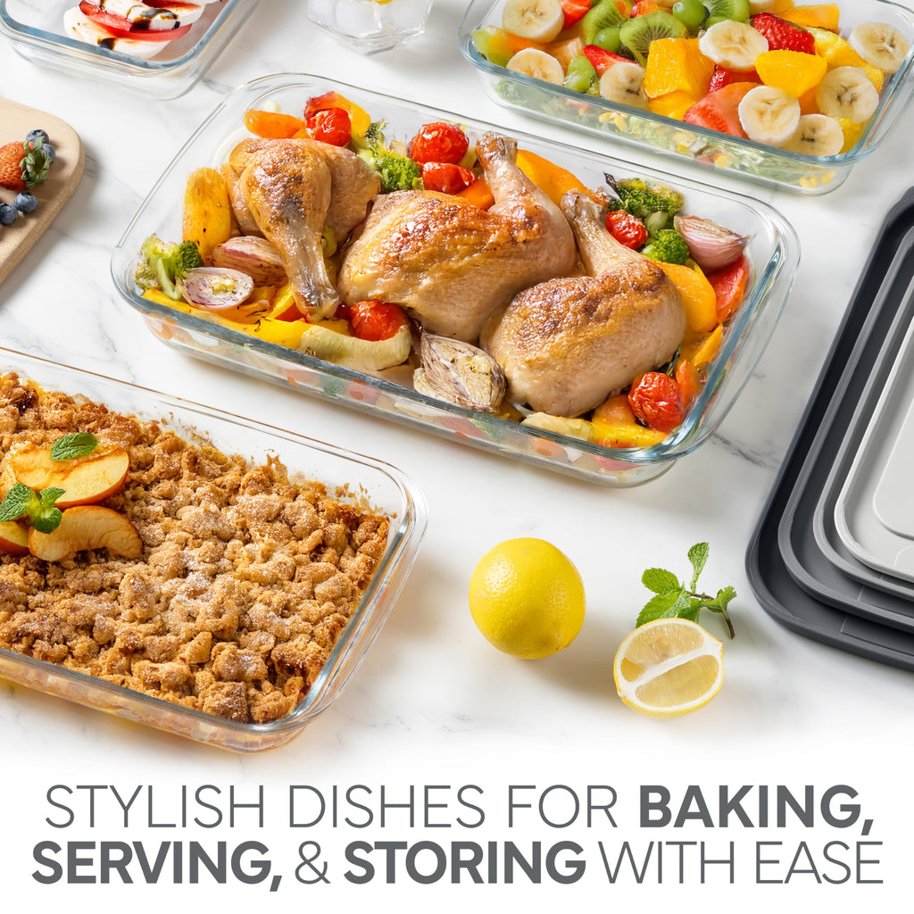 8-Piece Deep Glass Baking Dish Set with Plastic Lids - Casserole and Food Storage Containers for Lasagna, Leftovers