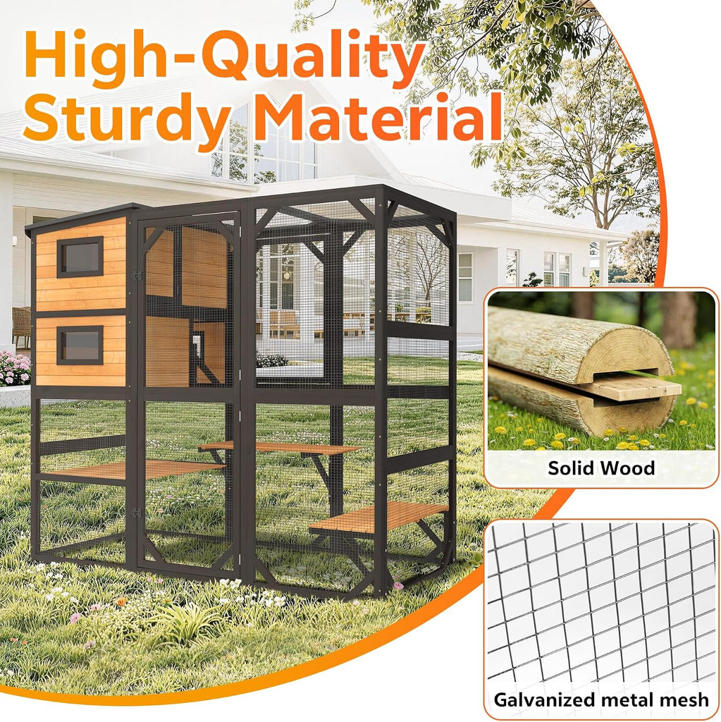 Oversized Catio Outdoor Cat Enclosure, Wooden 4 Tiers Cat Enclosures with Weatherproof Roof, Large Cat Patio Conect