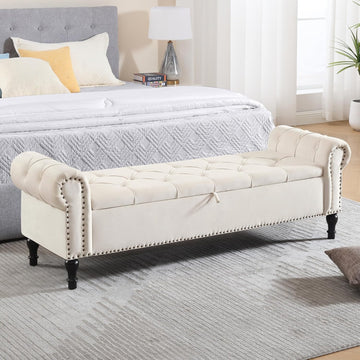 Storage Bed Bench , Velvet 67" End of Bed Benches, King Size Bench with Armrest, Tufted Button Upholstered Ottoman