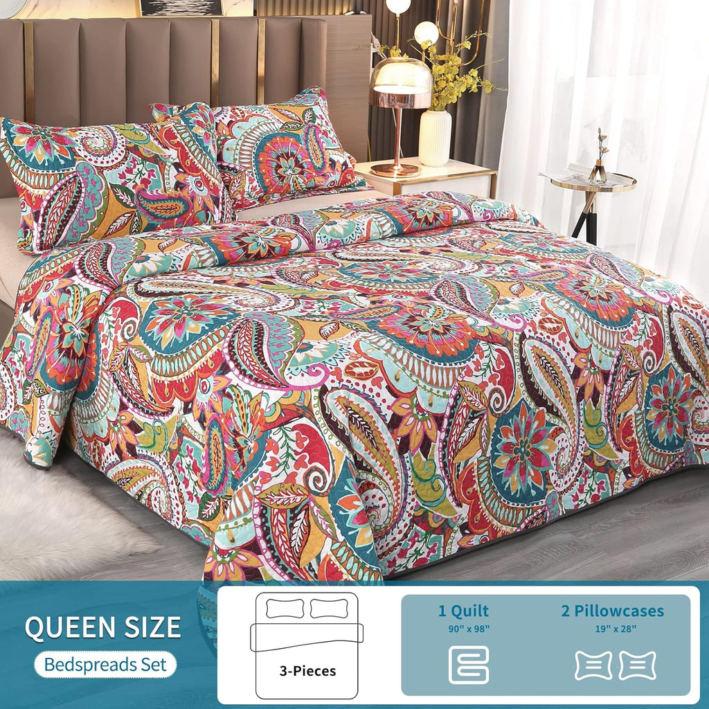 Cotton Quilt Set, Queen, Multicolor Paisley, Boho Style, Soft Lightweight Coverlet with 2 Pillow Shams, 90x98 Inches