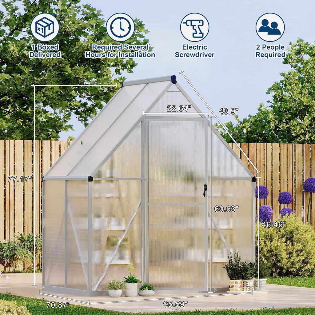Walk-in Aluminum Greenhouse 6x4FT - Polycarbonate Panels, Heavy Duty Frame, Quick Setup, Roof Vent, Large Outdoor