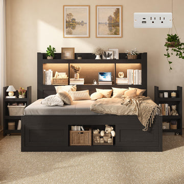 Twin Daybed with Storage Headboard & Hidden Bedside Racks, Black