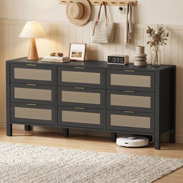 Rattan Chest of Dressers, Wooden Drawer Dresser, 9 Drawers Rattan Dresser (Black, 9 Drawers)