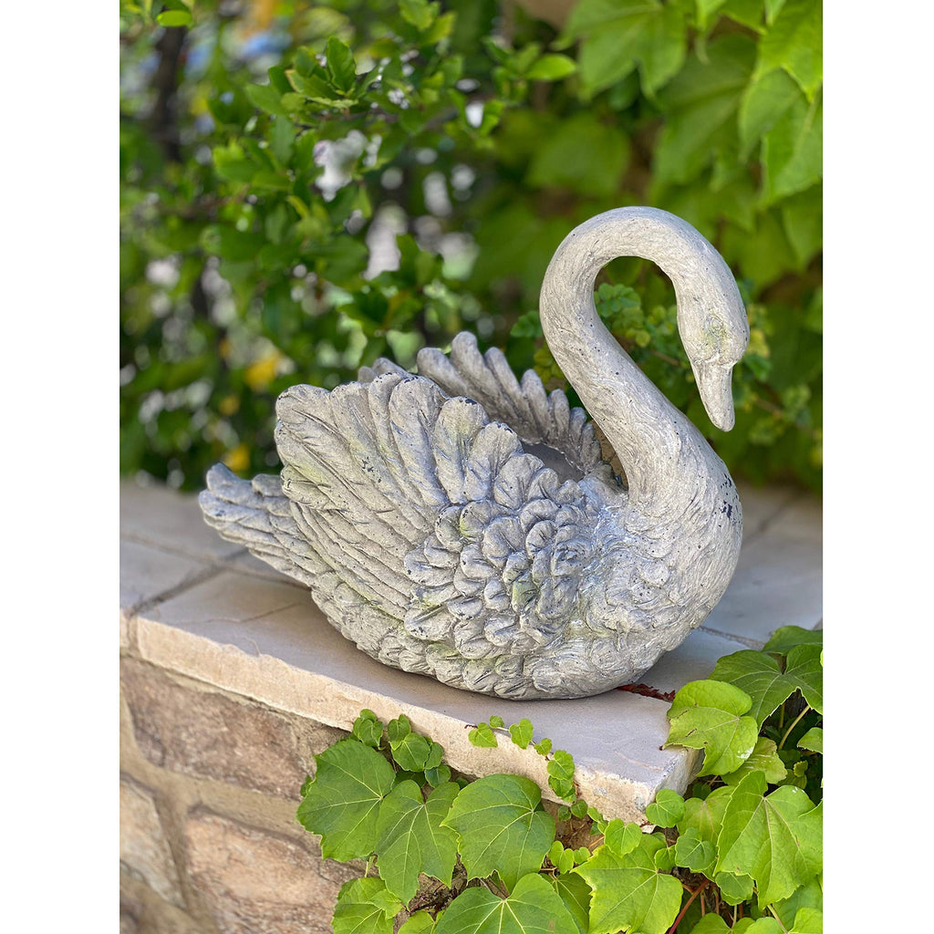 Swan Cast Stone Planter Garden Decor - Grey