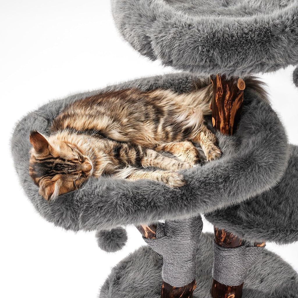 Aesthetic Cat Tree Tower for Large Cats, Modern Cat Tree for Maine Coon Indoor Cats with Faux Fox Fur, Maine Coon Cat