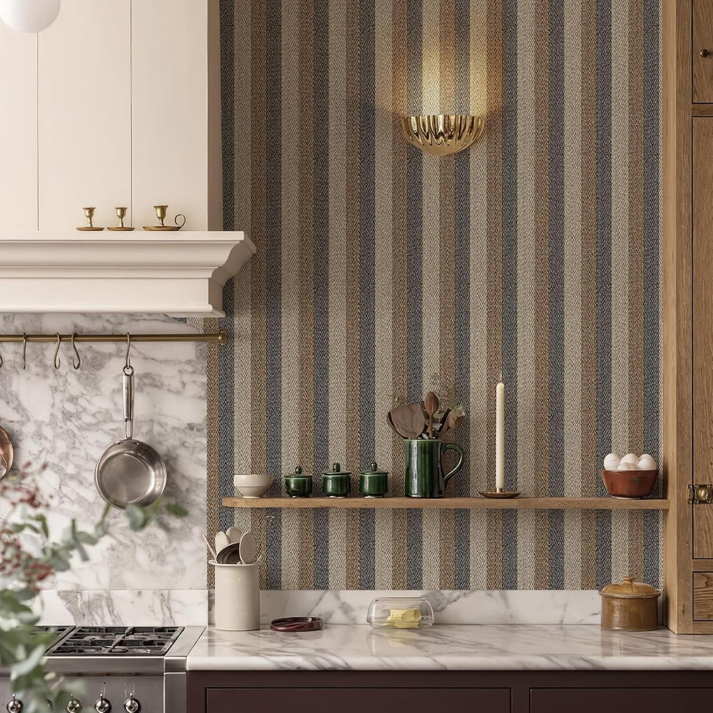 Textured Fabric Wallpaper Peel and Stick Large Size 26"x400" Black/Brown/Grey Stripes Printed Grasscloth Look Wall