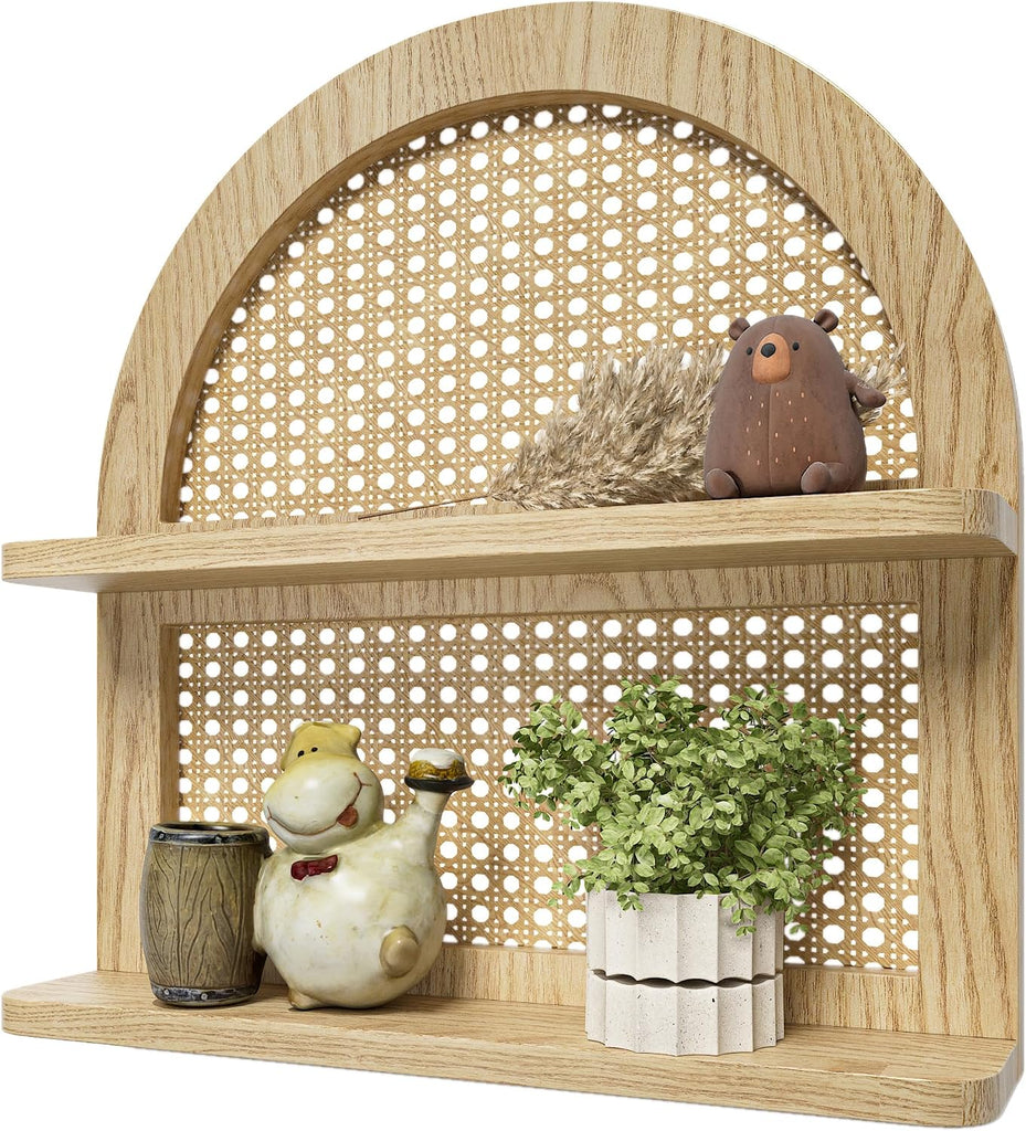 Wood Boho Rattan Wall Shelf - 2-Tier Arched Wicker Floating Shelf Natural Wood New Boho Shelf, Rustic Farmhouse
