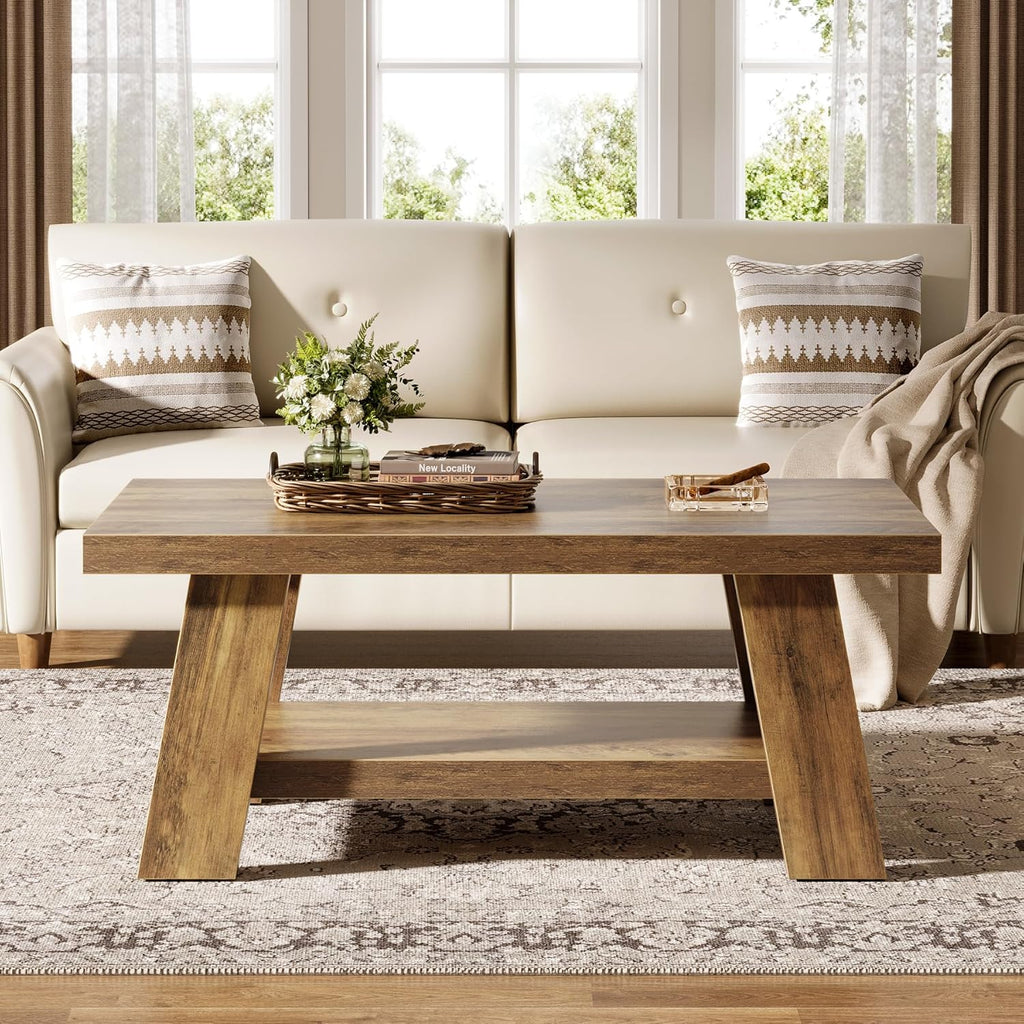 Farmhouse Coffee Tables, 47.24" Rectangle Coffee Tables with Storage Shelves, Rustic Wooden Center Table...
