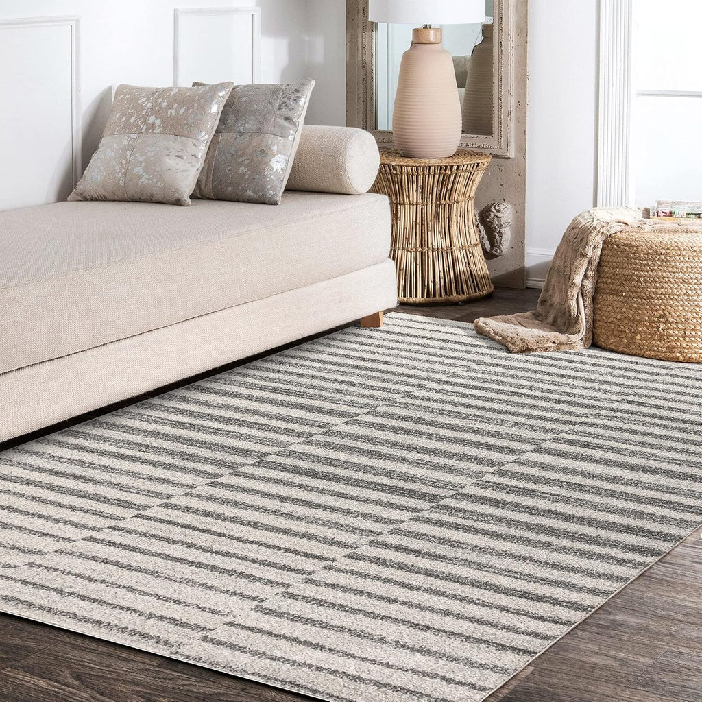 Lyla Offset Stripe Gray/Cream Indoor Area Rug, Contemporary, Modern, Easy-Cleaning, Pet Friendly, Non-Shedding