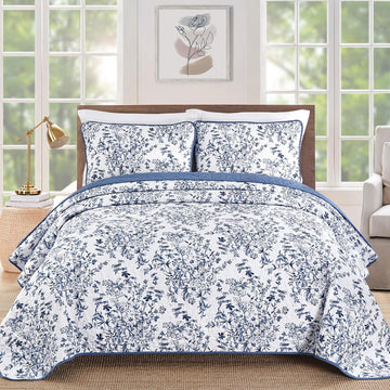 Quilt, Blue Quilt Bedding Set with 2 Pillowcases, Botanical Quilts for Bed, Soft Microfiber Lightweight
