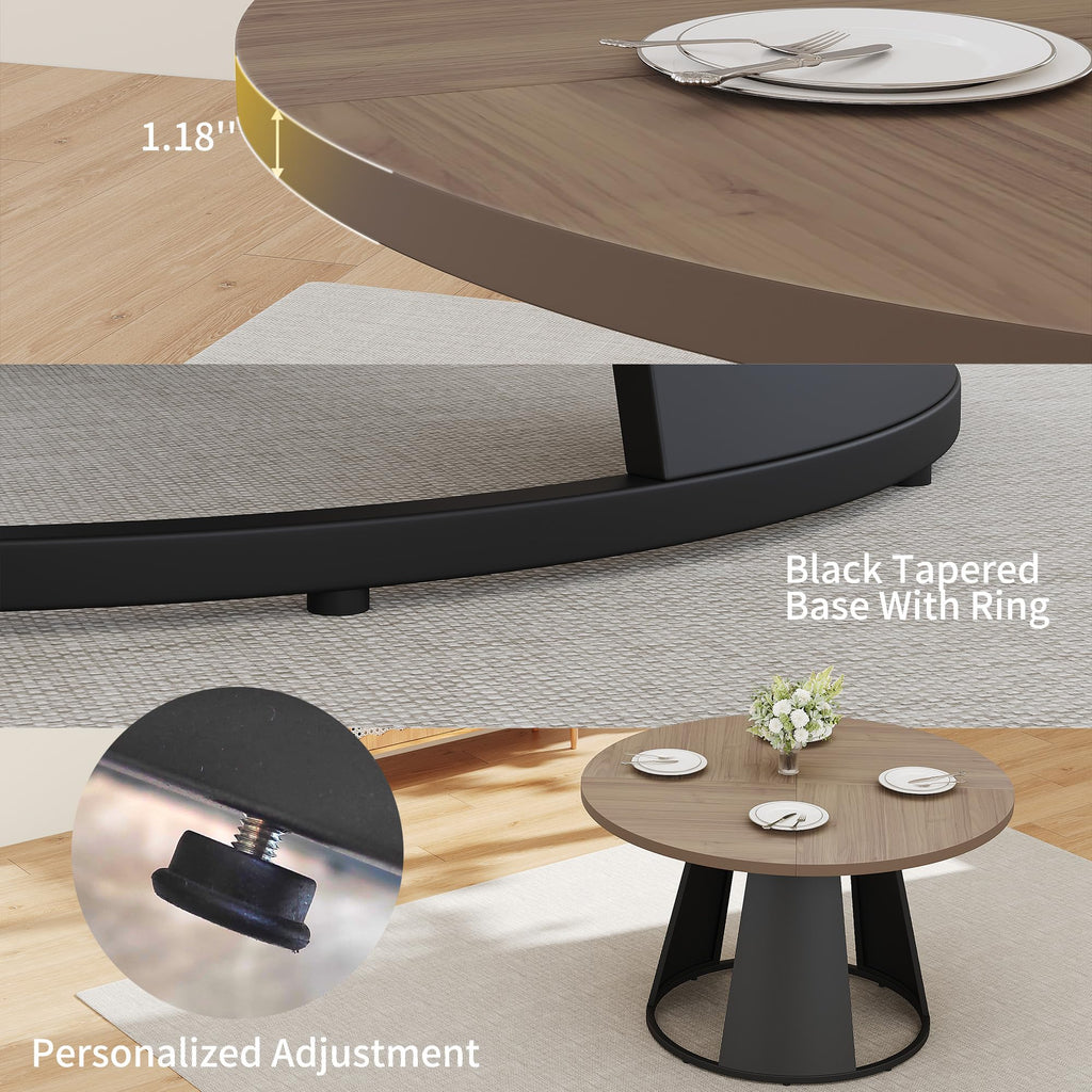 47.2" Round Dining Table Set for 4, Modern Wood Table with 4 Upholstered Leather Chairs, Metal Pedestal Base