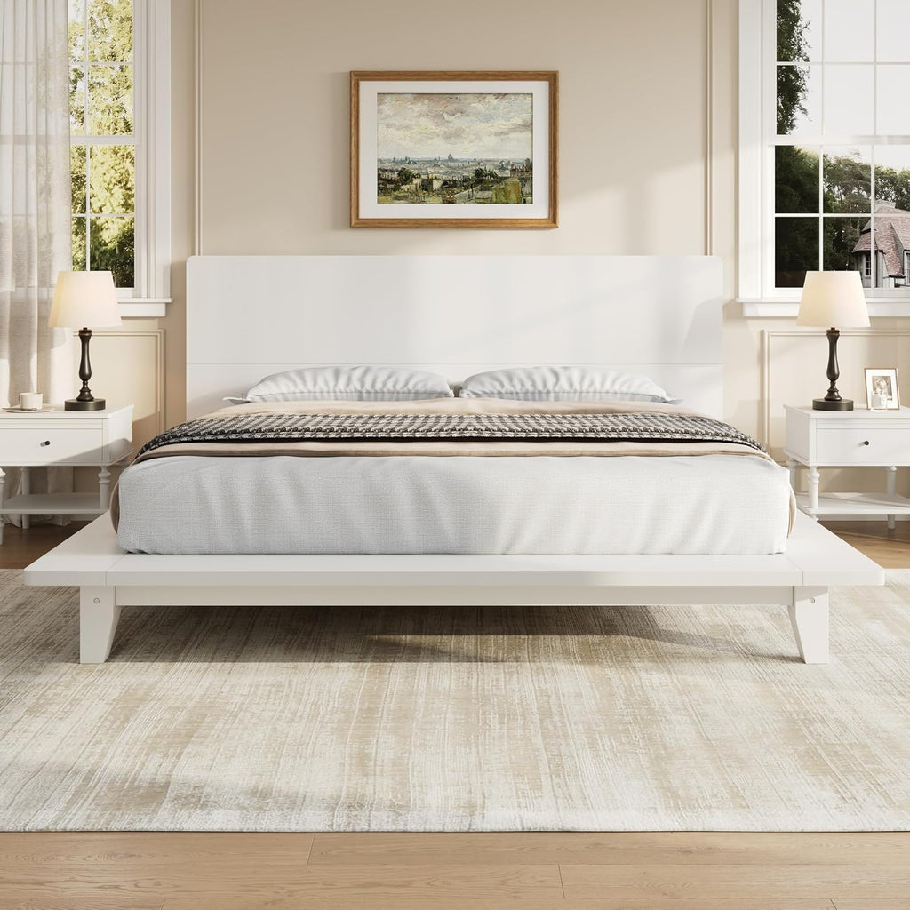King Size Wooden Bed Frames with White Headboard, Japanese Pine Wood Platform Bed, Rustic & Mid-Century Modern