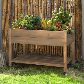 48x24x33in Cedar Raised Garden Bed, Planter Raised Beds with Lockable Wheels, Storage Shelf, Raised Garden Beds
