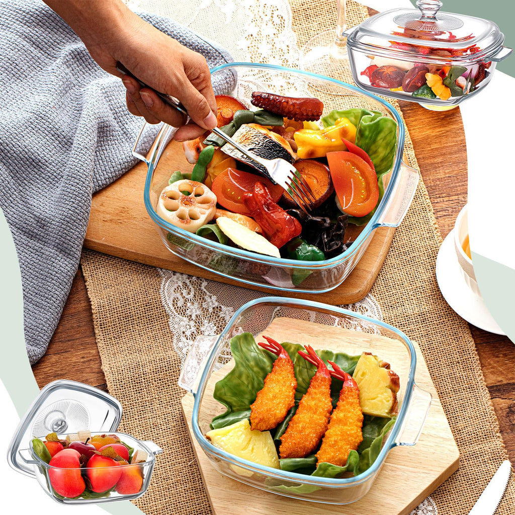 2 Pcs Glass Casserole Dish with Lid, 0.8L/1.5L Square Bakeware Set