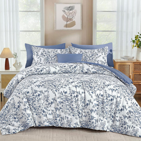 Blue Floral Comforter Set Queen, 8 Pieces Flower Botanical Bed in a Bag Bedding Set, Soft Microfiber Comforter, Sheets