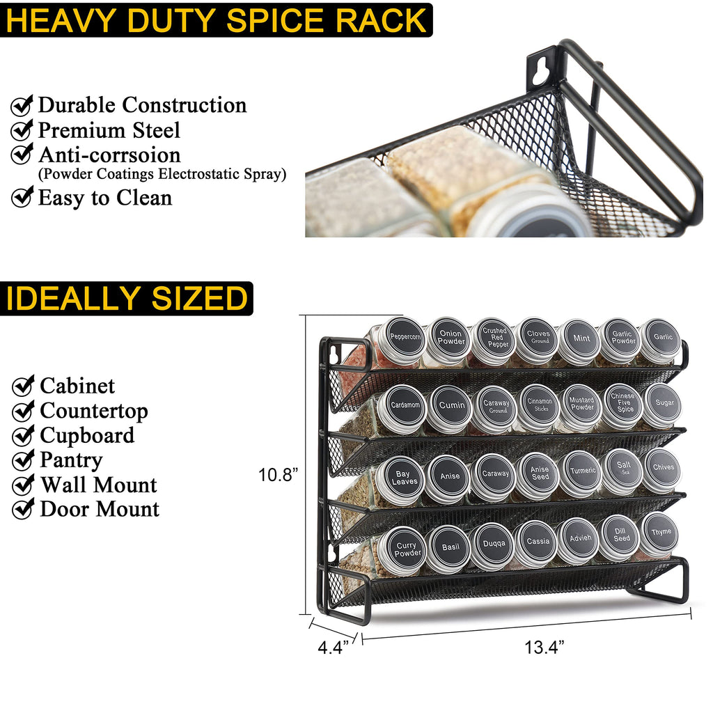 Spice Rack Organizer with 28 Spice Jars, 386 Spice Labels, Chalk Marker and Funnel Set for Cabinet, Countertop