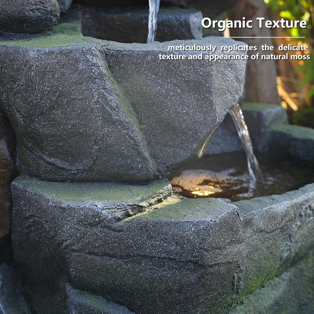 58" H Outdoor Water Fountain with 7 Tiers New Upgraded Large Cascading Realistic Rock Waterfall Fountains with Lights