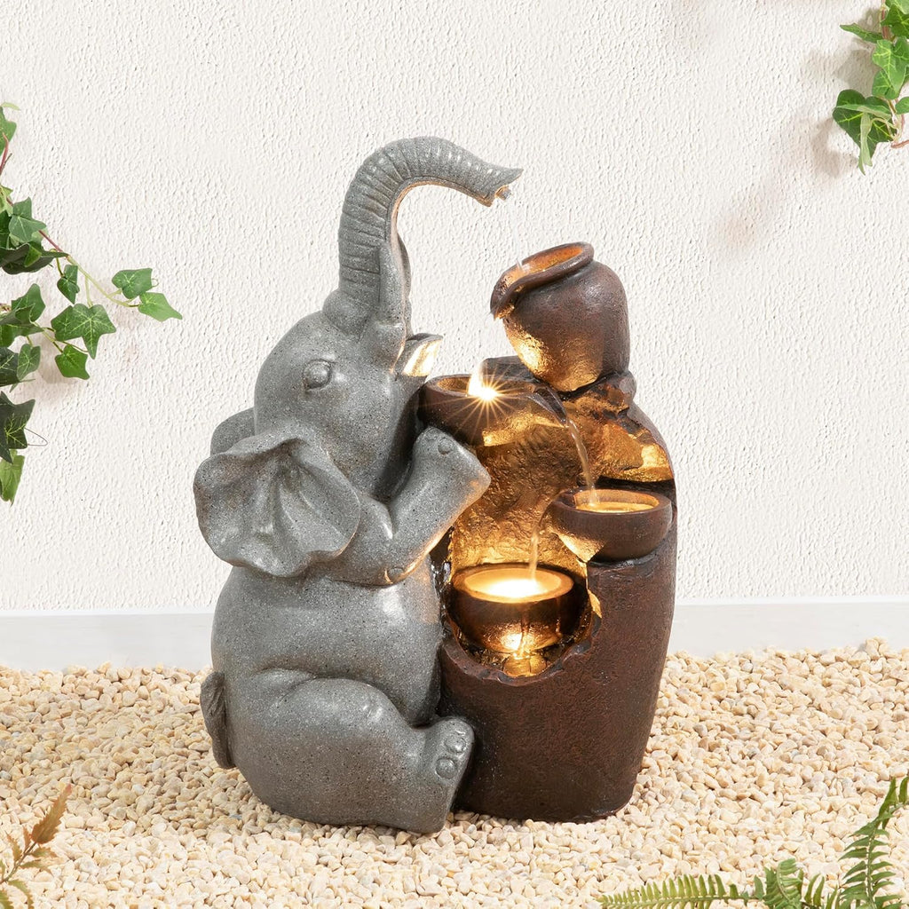 Outdoor Water Fountain, 4-Tiered Elephant and Pot Outdoor Fountain with Lights, 18.5" H Polyresin Decorative