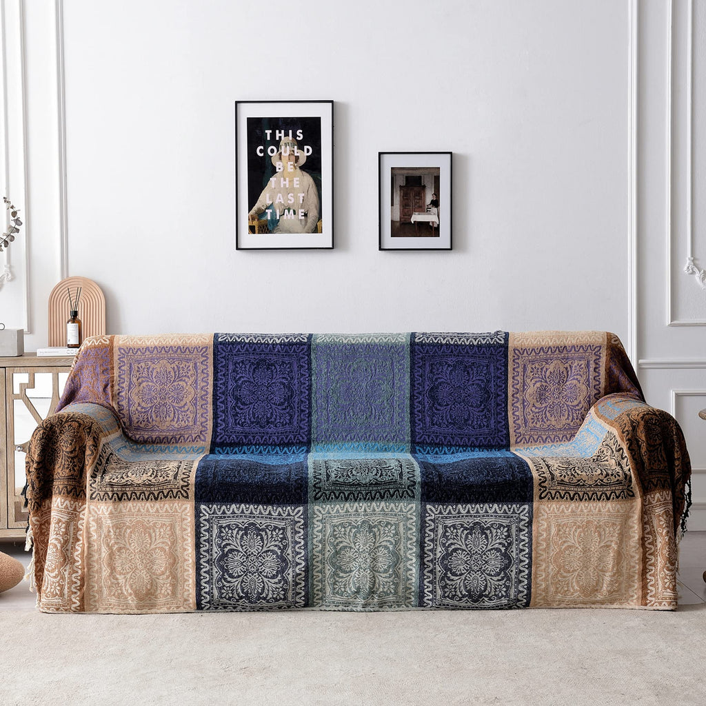 Boho Throw Blanket - Hippie Chenille Jacquard Bohemian Chair Couch Sofa and Bed Furniture Cover with Colorful Tribal